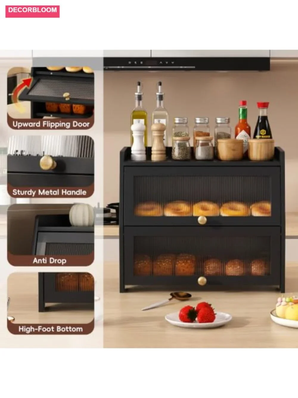 Solid Pine Wood Double Layer Bread Box Flip Top Kitchen Countertop Storage